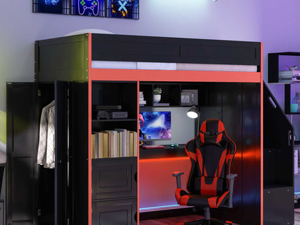 Gaming Loft Bed With Desk And Storage, LED Lights