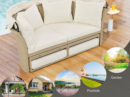 Outdoor Patio Daybed Wicker Rattan Double Daybed Round Sofa Furniture Set With Retractable Canopy, 4 Pillows For Lawn Garden
