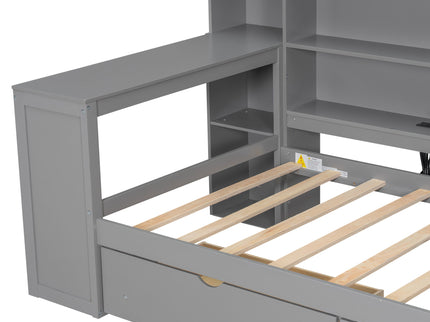 Platform Bed With Upholstered Headboard, Storage Shelves, Drawers, Charging Station, LED Lighting, Built In Desk