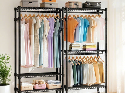 Heavy Duty Rolling Clothes Rack With 3 Tier Shelves, 2 Rails & Side Hooks, Adjustable Freestanding Organizer Metal - Black