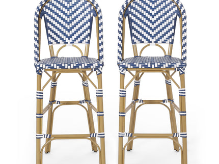 Outdoor Rattan French Barstool Set,, Bamboo, Seat Height - Navy Blue / White