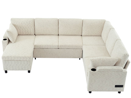 U-Shaped Sectional Sleeper Sofa With Ample Storage Space, 2 Cup Holders And Charging Ports For Living Room