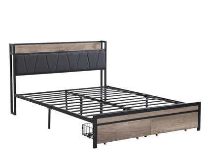 Modern Bed Frame With LED Lights, Upholstered Headboard, USB Charging