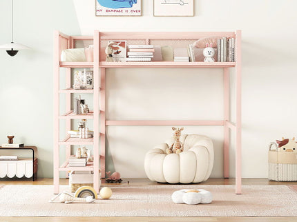 Loft Bed With 4 Tier Shelves And Storage