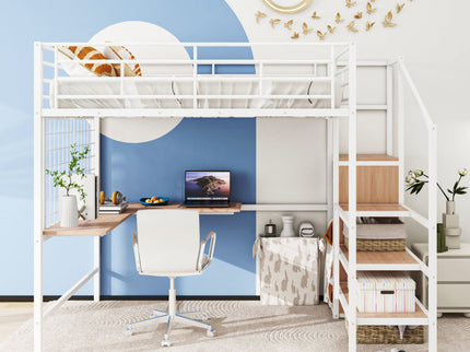 Loft Bed With Desk And Grid, Stylish Frame With Lateral Storage Ladder And Wardrobe