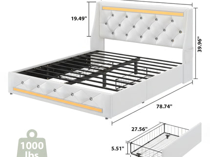 Wingback Upholstered Bed Frame With LED Lights, Charging Station
