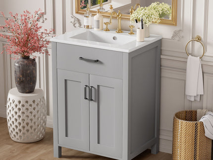 Bathroom Vanity With Ceramic Sink, Soft Close Doors, Flip Drawer, Double Layer Door Shelves