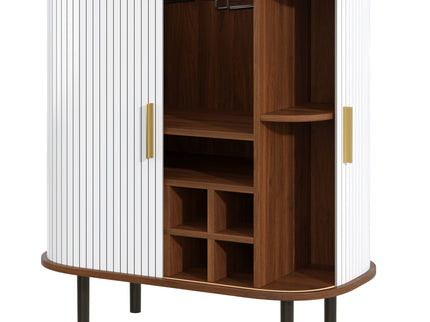 Fluted Wine Bar Cabinet With 8 Grid Wine Rack, 5 Level Adjustable Shelves, 2 Glass Holders