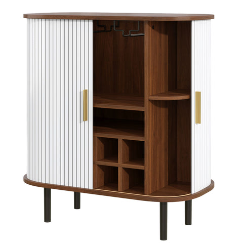 Fluted Wine Bar Cabinet With 8 Grid Wine Rack, 5 Level Adjustable Shelves, 2 Glass Holders