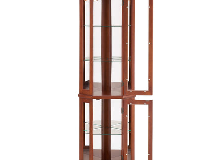 Corner Curio Cabinet With Lights, Adjustable Tempered Glass Shelves, Mirrored Back, Display Cabinet (E26 Light Bulb Not Included) - Walnut