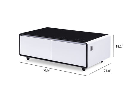 Modern Smart Coffee Table With Built-In Fridge, tooth Speaker, Wireless Charging Module, Touch Control Panel, Power Socket, USB Interface, Outlet Protection, Atmosphere Light