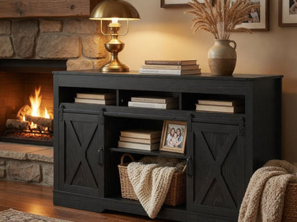 Farmhouse TV Stand With Sliding Barn Doors & Adjustable Storage
