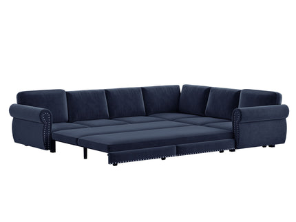 L-Shaped Sofa Couch With Pull Out Bed With Nailhead Trim & Rolled Arm