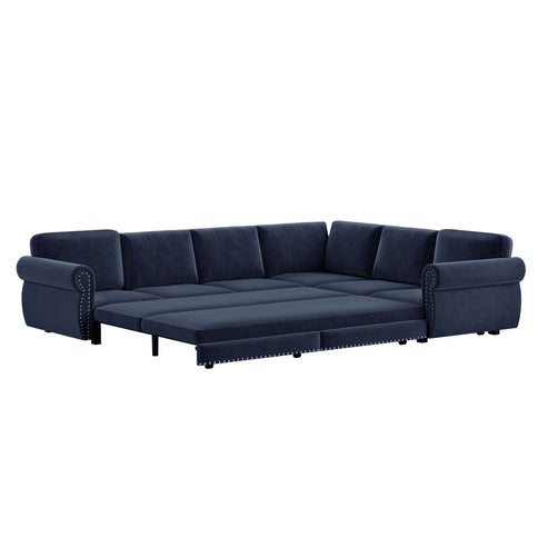 L-Shaped Sofa Couch With Pull Out Bed With Nailhead Trim & Rolled Arm