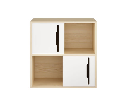 Storage Cabinet With Sliding Doors, 2 Tier Open And Closed Shelves Organizer - Natural / White