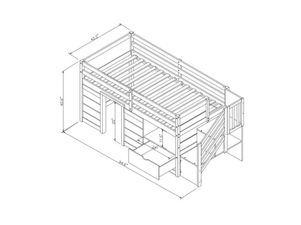 Low Loft Bed With Stair, Drawer, And Shelf