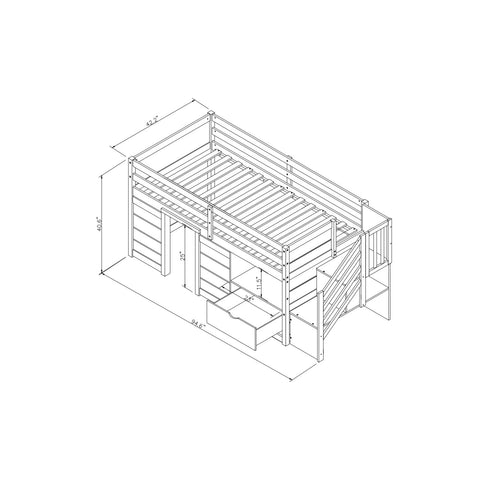 Low Loft Bed With Stair, Drawer, And Shelf