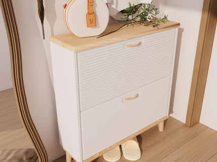 Narrow - Entryway Shoe Storage Cabinet With 2 Flip Drawers Legs - Natural / White