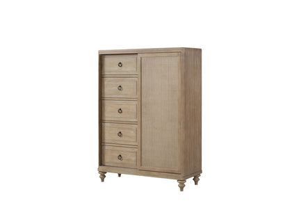 Queen Canopy Bedroom Set With A 2 Drawer Nightstand A Dresser With Poster Mirror And A Door Chest - Sand