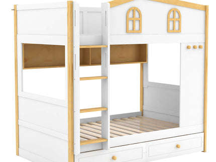 Twin Over Twin Bunk Bed With House Shaped Guardrails, Storage Shelves & Drawers - White / Natural