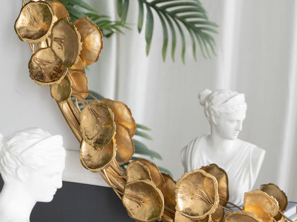 Round Metal Wall Mirror With en Leaf Accents, Modern Decor Mirror For Living Room Entryway Hallway - Gold
