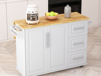 Kitchen Island Cart With 2 Door Cabinet, 3 Drawers, Spice Rack & Towel Rack - White