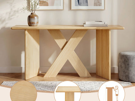 X-Frame Console Table, Angled Cross Leg Design, Rounded Edges - Natural