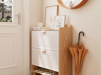 Shoe Storage Cabinet With 2 Flip Drawers, Compact Entryway Organizer - Natural / White