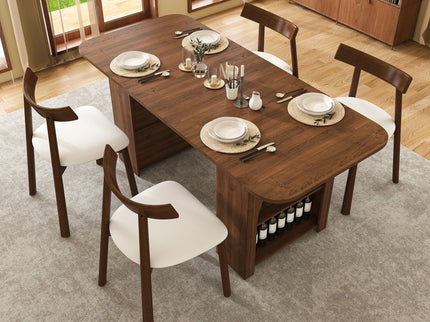 Dining Set With 4 Chairs, Table With Drawers & Open Shelf - Walnut