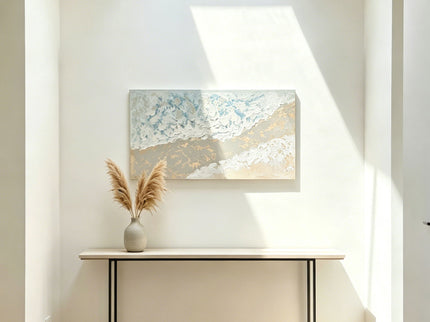 Neutral Beach Landscape Canvas Wall Art, Hand Painted Thick Textured Painting, Decor For Living Room - Beige / Blue
