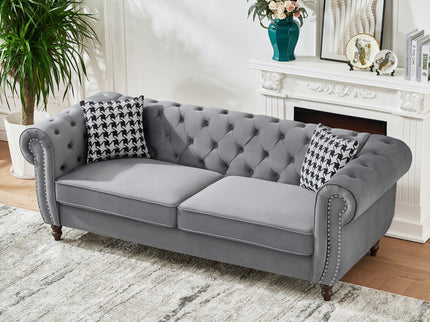 Chesterfield Upholstery Fabric Sofa With Roll Armrest & Nailhead