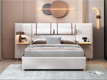 Upholstered Platform Bed, 2 Outlets And USB Charging Ports On Both Sides, 2 Bedside Pillows, Storage Shelves