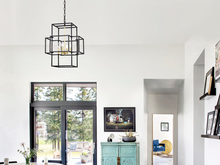 4 Light Metal Lantern Tiered Pendant Hanging Light Fixtures, Industrial Farmhouse Adjustable Height Chandeliers For Dining Room Hallway Foyer Entryway (E12 Bulbs Not Included)
