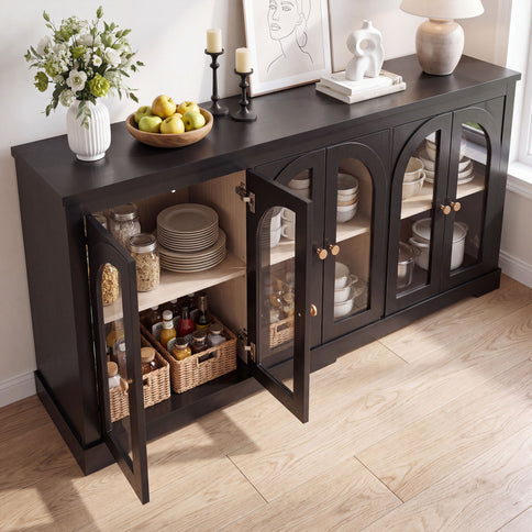 Modern Arched Glass Sideboard With 6 Doors, Buffet Cabinet With Storage And Adjustable Shelves