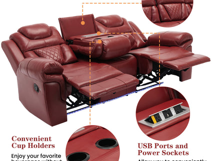 Home Theater Seating Manual Recliner Chair With Center Console And LED Light Strip For Living Room - Red