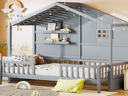 House Bed With Shelves, Window And Sparkling Light Strip On The Roof