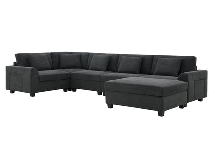 U Shaped Sectional Sofa 6 Seat Couch Set With Oversized Ottoman, Hidden Armrest Storage And Cup Holders USB Charging Ports Wide Seat Sofa