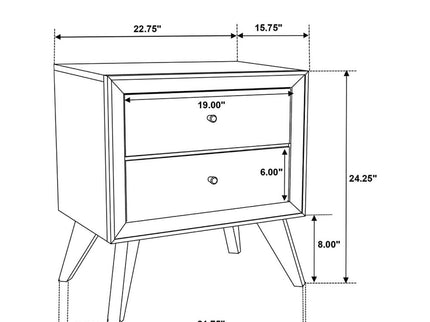 Nightstand With Angled Legs, Round Knobs, Wave Texture, 2 Drawer Bedside Table - White