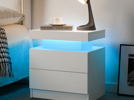 Modern LED Bedside Table Cabinet With Adjustable Lights And 2 Drawers - White