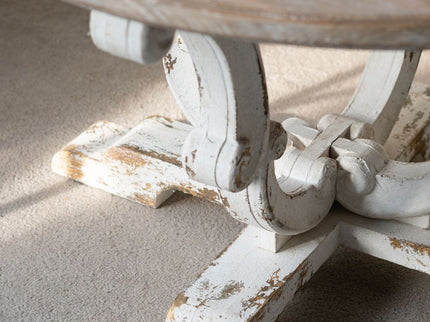 Round Wooden Coffee Table With Distressed Scrollwork Legs - Multicolor