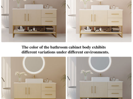 Bathroom Vanity With Vessel Sink Accent Free Standing Cabinet - Ameican White Oak / Gold / White
