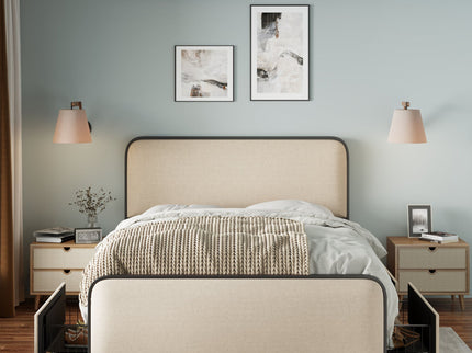 Modern Bed With Curved Upholstered Headboard And Footboard, Heavy Duty Metal Slats