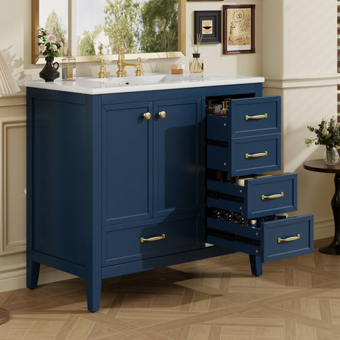 Elegant Vintage Bathroom Vanity With Sink And Soft Closing Door, 4 Drawers Of Different Sizes Frame