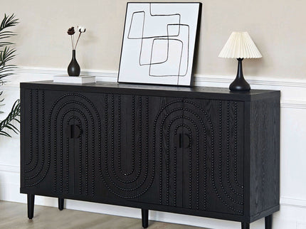 Modern Sideboard Cabinet With Decorative Nailhead Accents, Stylish Storage Solution For Dining, Living Rooms - Black