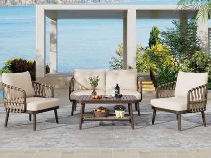 4 Piece Outdoor Patio Furniture Set, Metal Chairs With Woven Rope U Shaped Backrest
