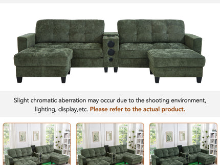 Modern Sectional Sofa U-Shaped With Movable Ottomans, tooth Speakers, LED Lights And Modular Storage