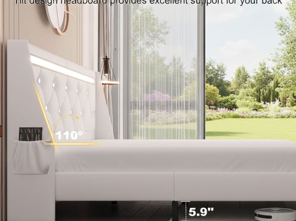 Wingback Upholstered Bed Frame With LED Lights, Charging Station