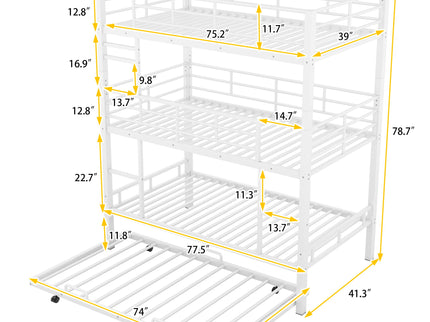 Triple Bunk Bed With Trundle, Heavy Duty Steel Construction