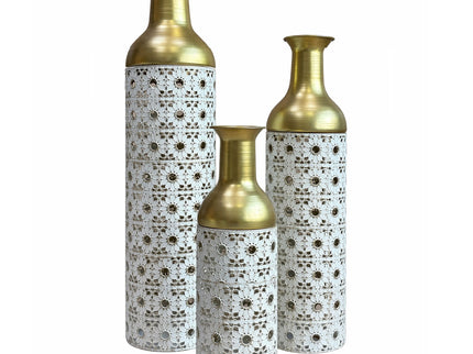Handcrafted Cutout Hollow Tall Standing Floor Vase, Home Decor (Set of 3) - White / Gold