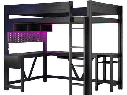 Gaming Loft Bed With Desk, Storage Shelves, LED And Charging Station